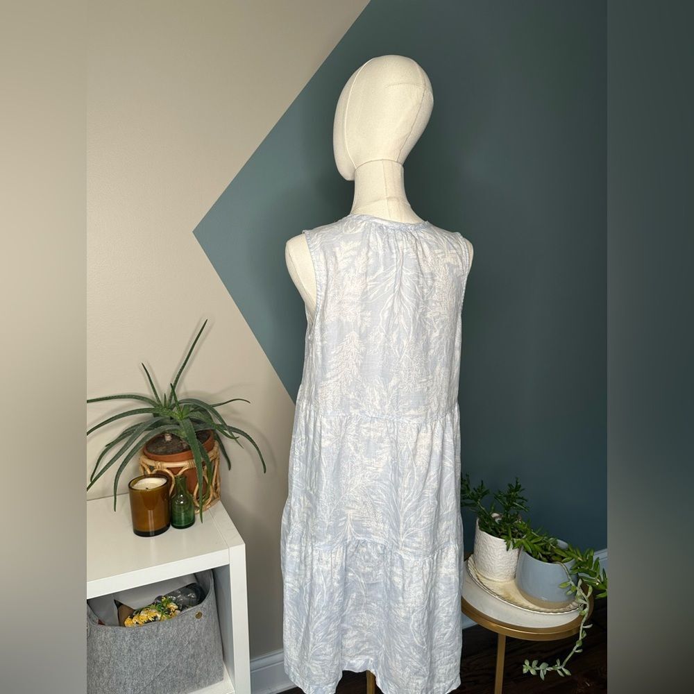 Tahari Linen Tiered Mini Dress Blue White Botanical Print Sleeveless V-Neck Med - Picture 5 of 11